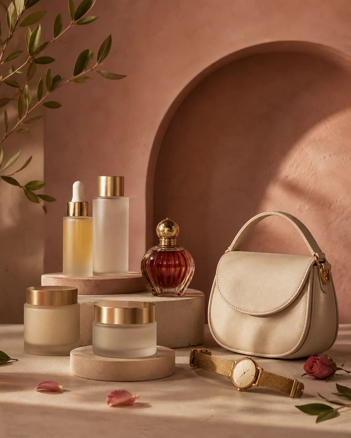 Sélection de soins, parfum, sac et montre dans un décor aux tons chauds